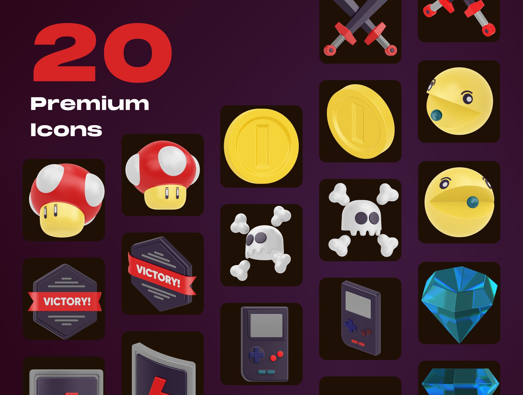 20多个用于网站APP等场景的3D游戏主题图标素材