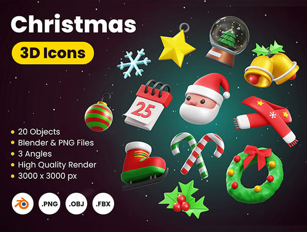 20个圣诞节主题元素3D图标素材（Blender）