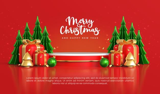 一套3D效果圣诞节平台和圣诞树饰品元素的PSD素材