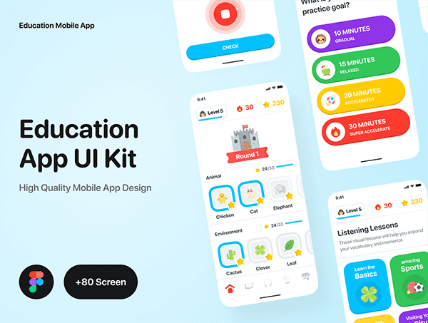 80个颜色艳丽的教育类APP UI素材包（Figma）