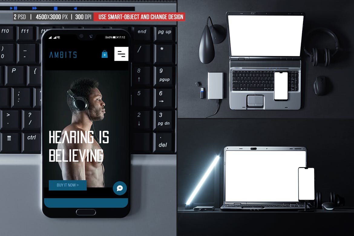 高质量暗黑风格手机电脑屏幕PSD样机素材