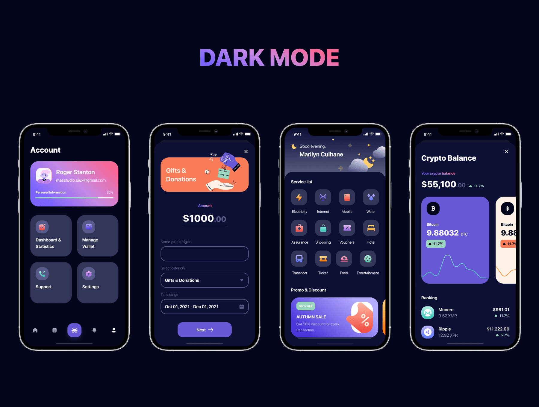 110个紫色明暗模式财务金融主题类APP UI素材包