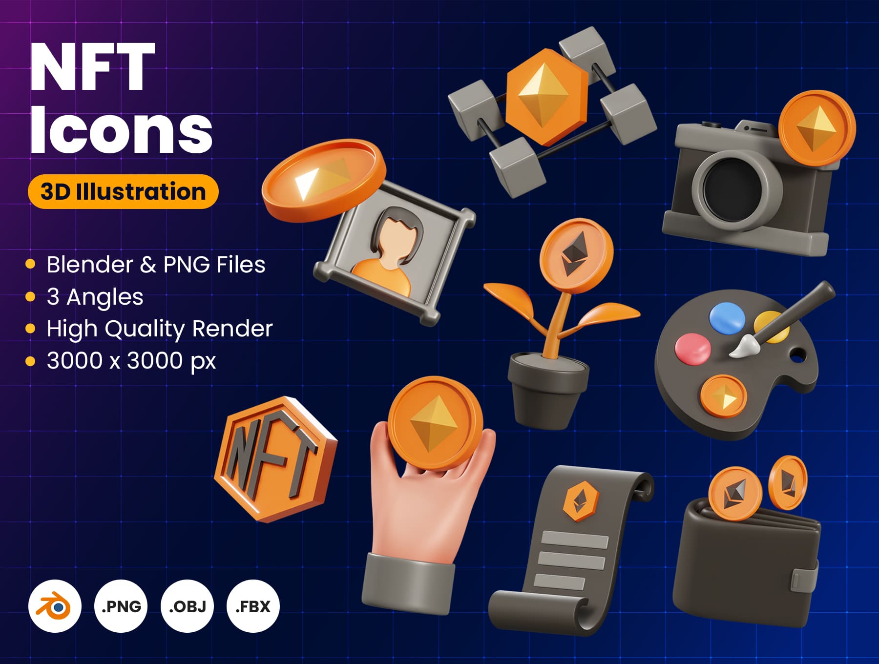 10个黑黄色复古风格3D图标素材包（Blender）