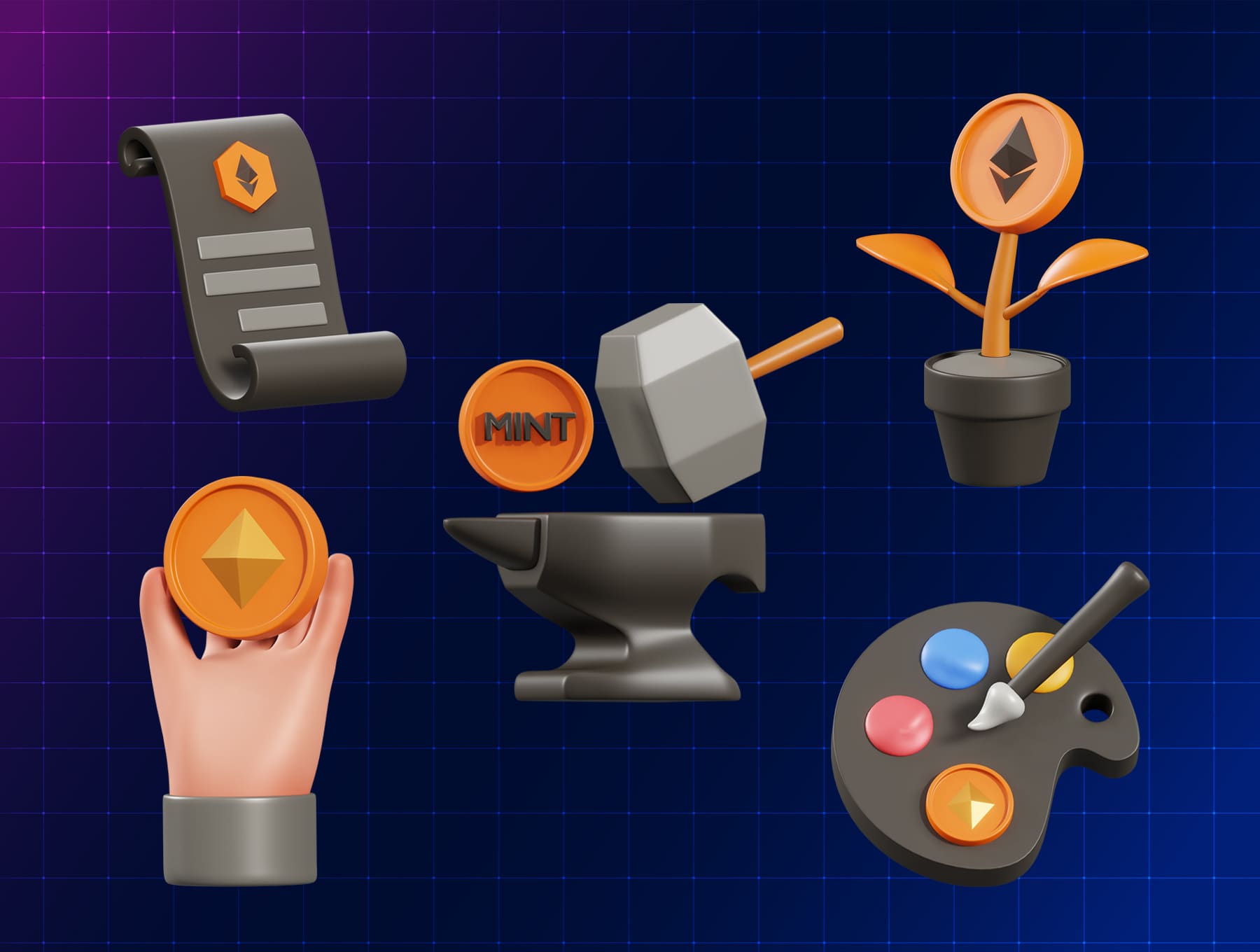 10个黑黄色复古风格3D图标素材包（Blender）