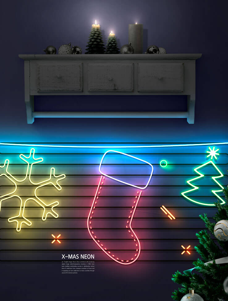 8个效果酷炫的光影霓虹灯发光字圣诞节主题元素PSD海报合集