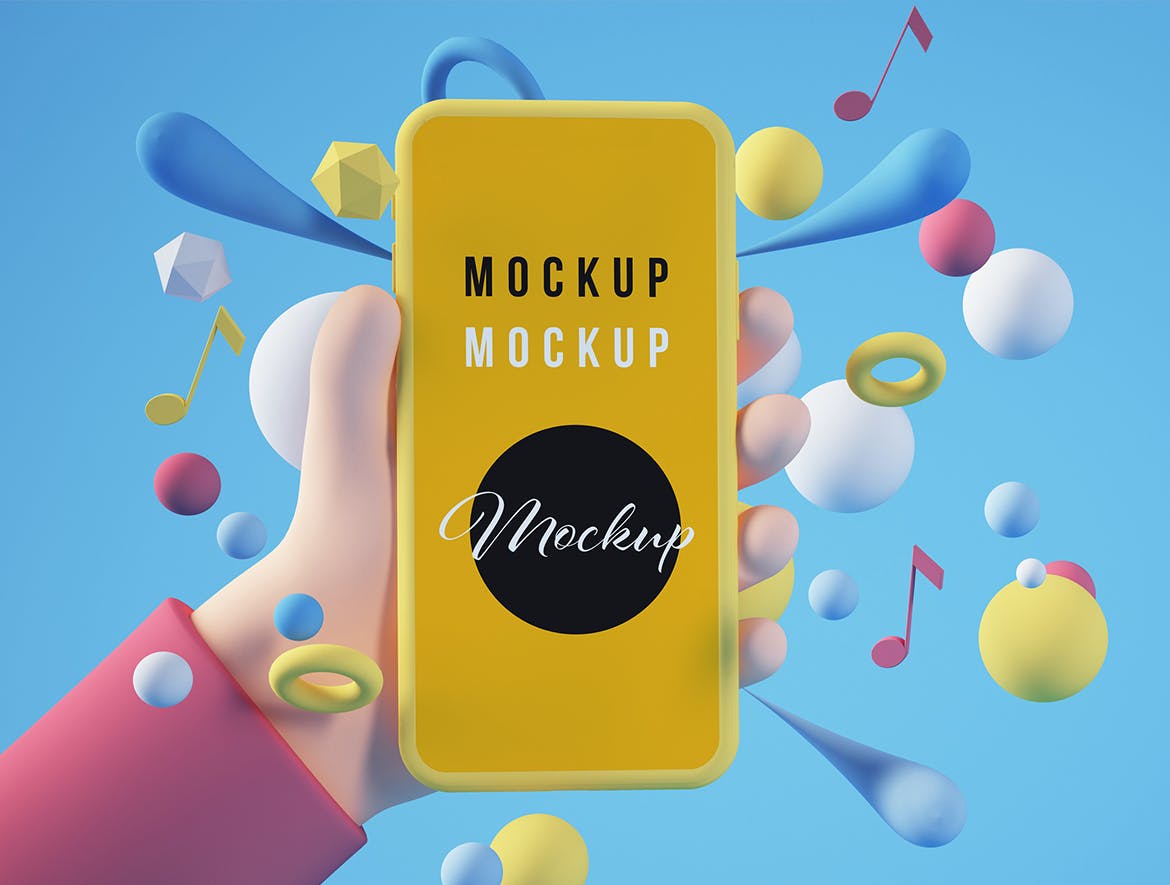 可爱风格手持手机卡通元素PSD样机素材