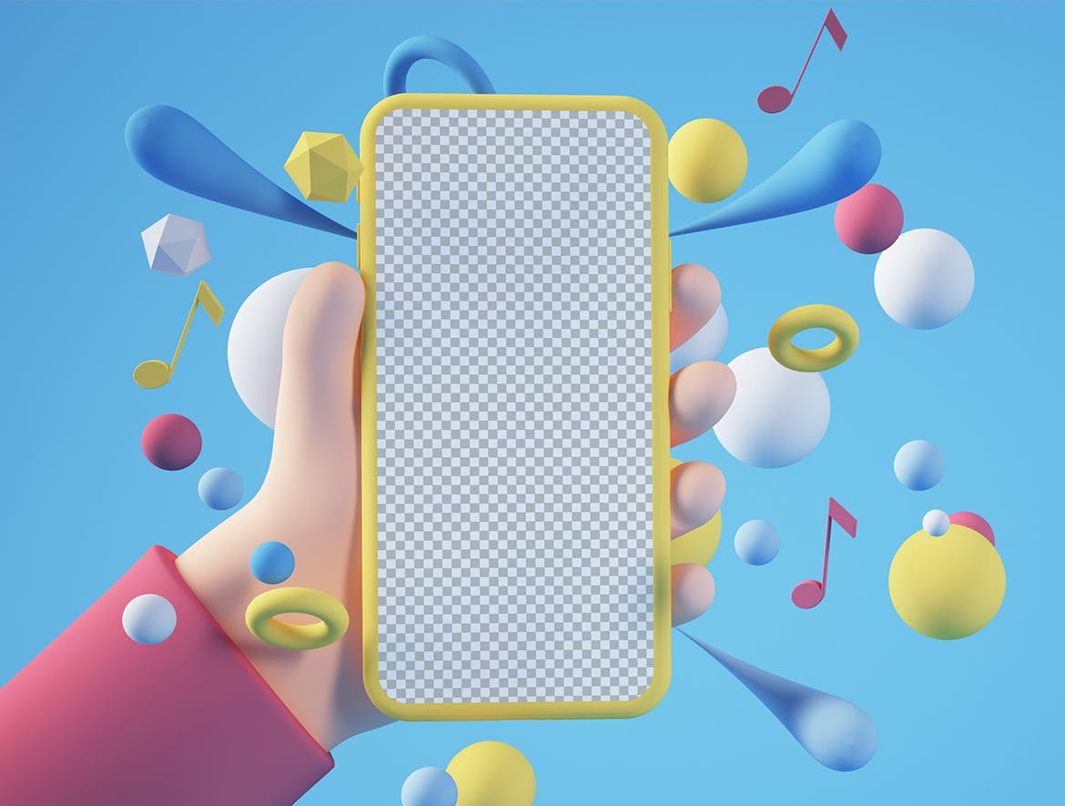 可爱风格手持手机卡通元素PSD样机素材