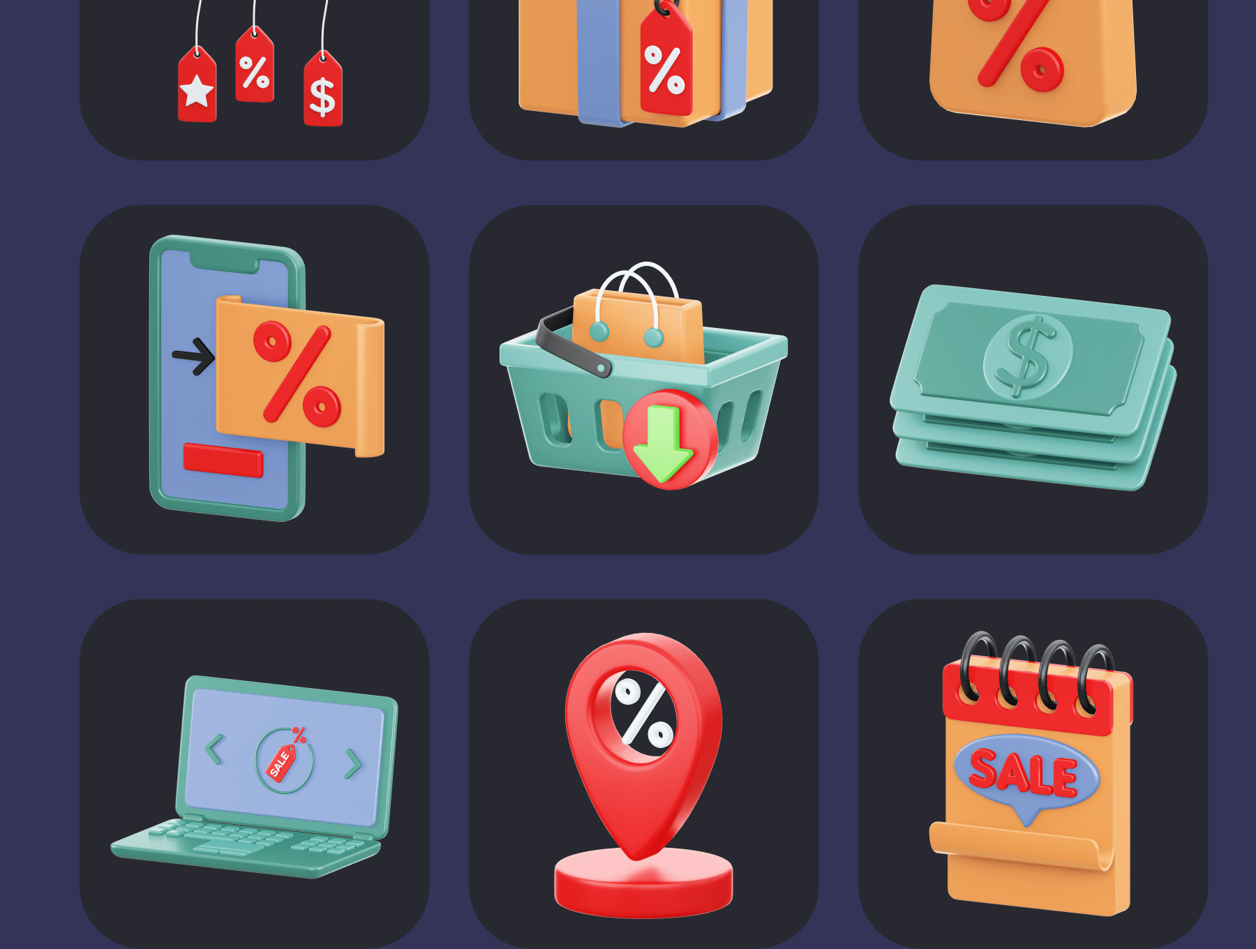 20个可爱卡通打折促销类3D图标