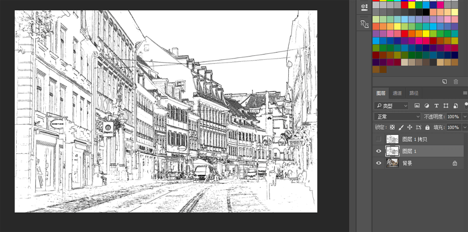 巧用PS滤镜把城市建筑照片转成素描线稿效果