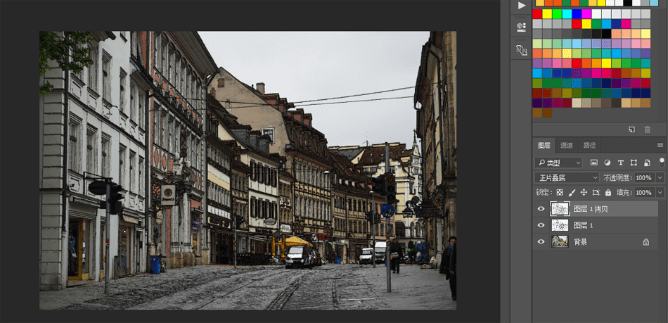 巧用PS滤镜把城市建筑照片转成素描线稿效果