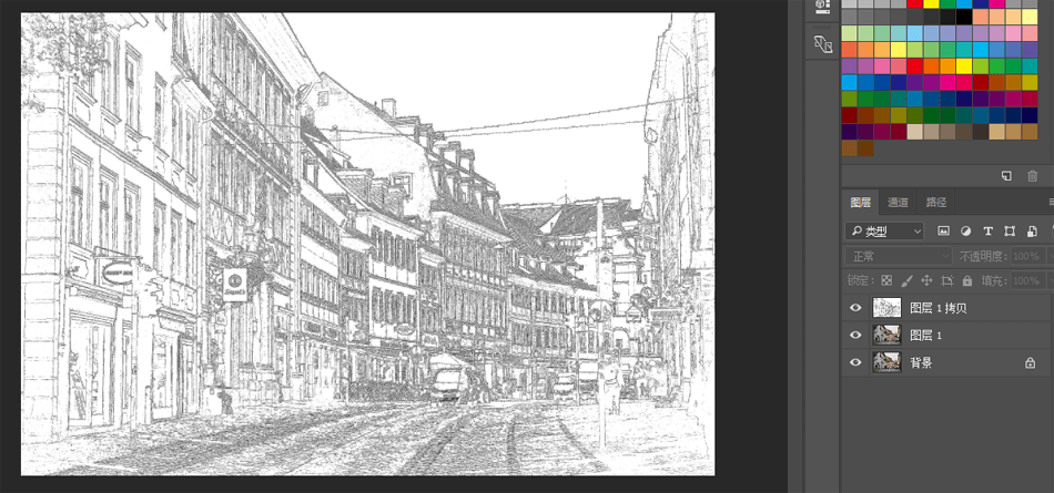 巧用PS滤镜把城市建筑照片转成素描线稿效果