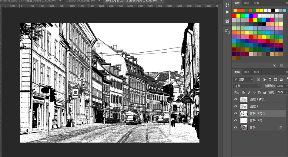 巧用PS滤镜把城市建筑照片转成素描线稿效果