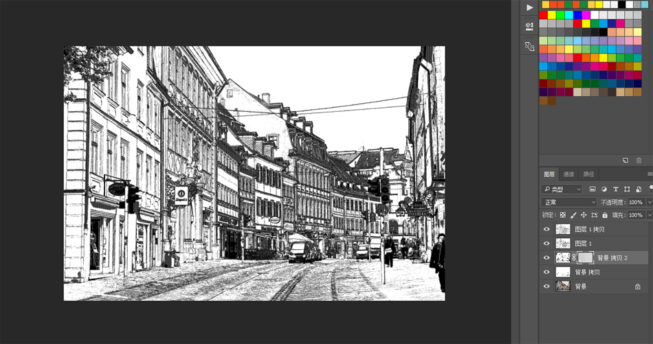 巧用PS滤镜把城市建筑照片转成素描线稿效果