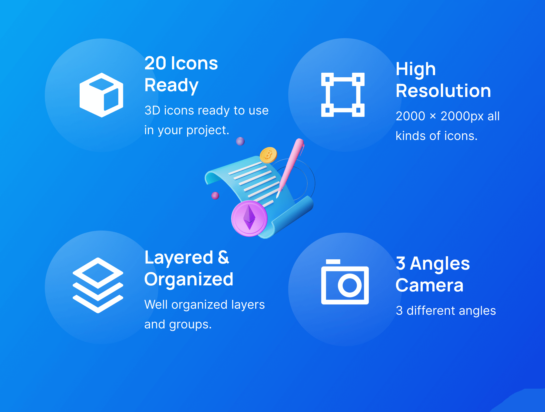 20个蓝色清爽风格玻璃效果3D图标模型