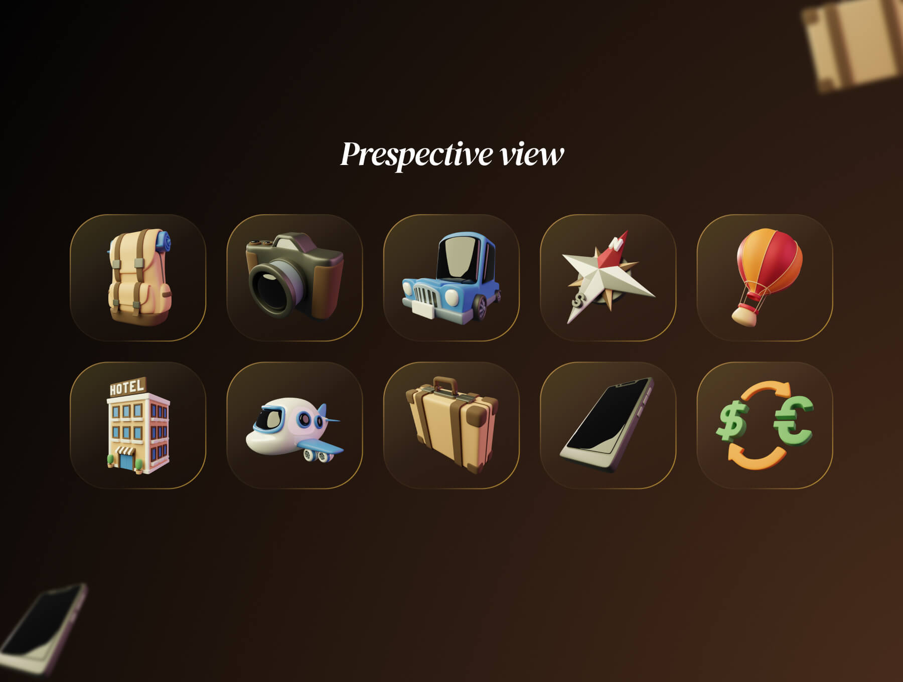 35个金色旅行旅游相关3D图标模型