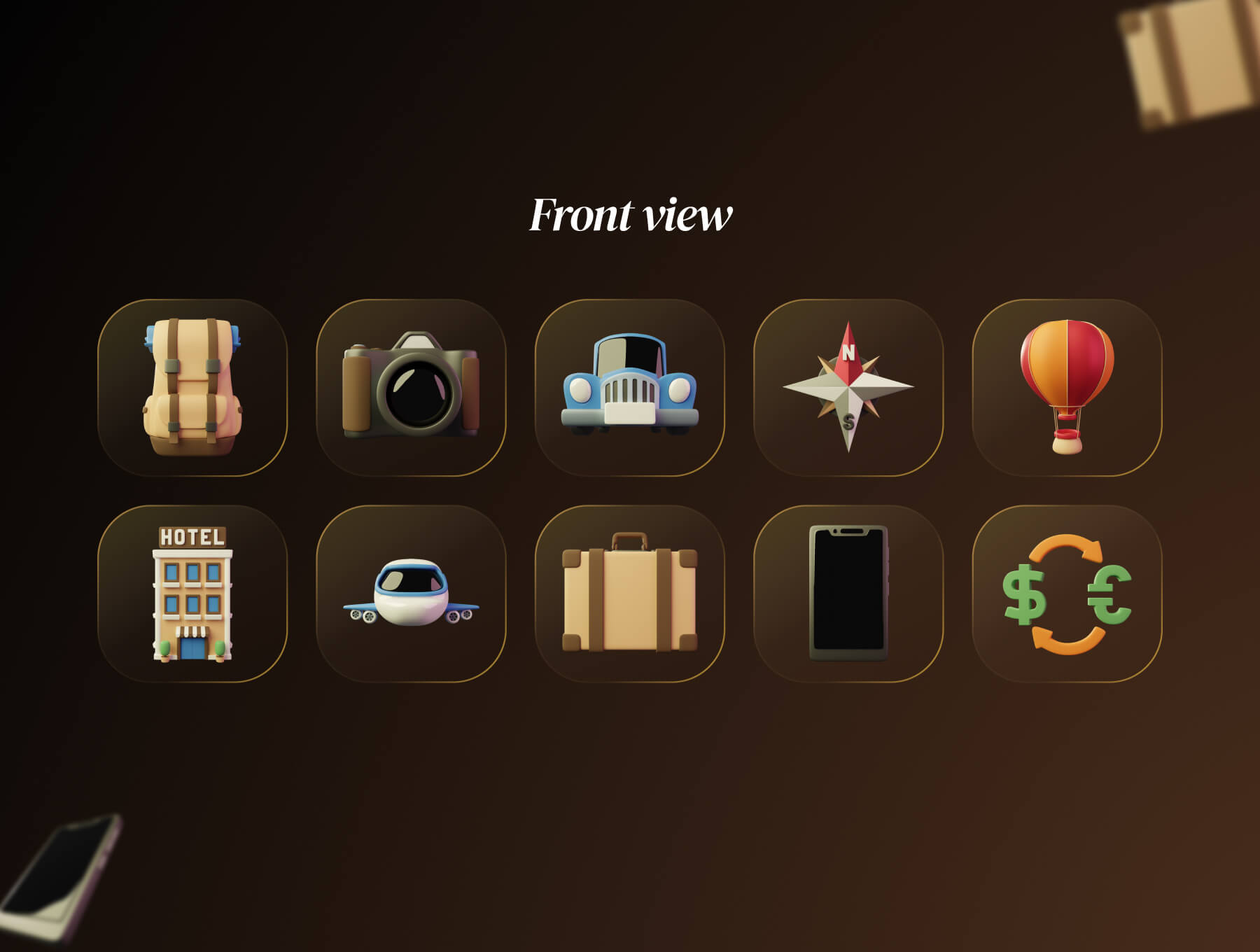 35个金色旅行旅游相关3D图标模型