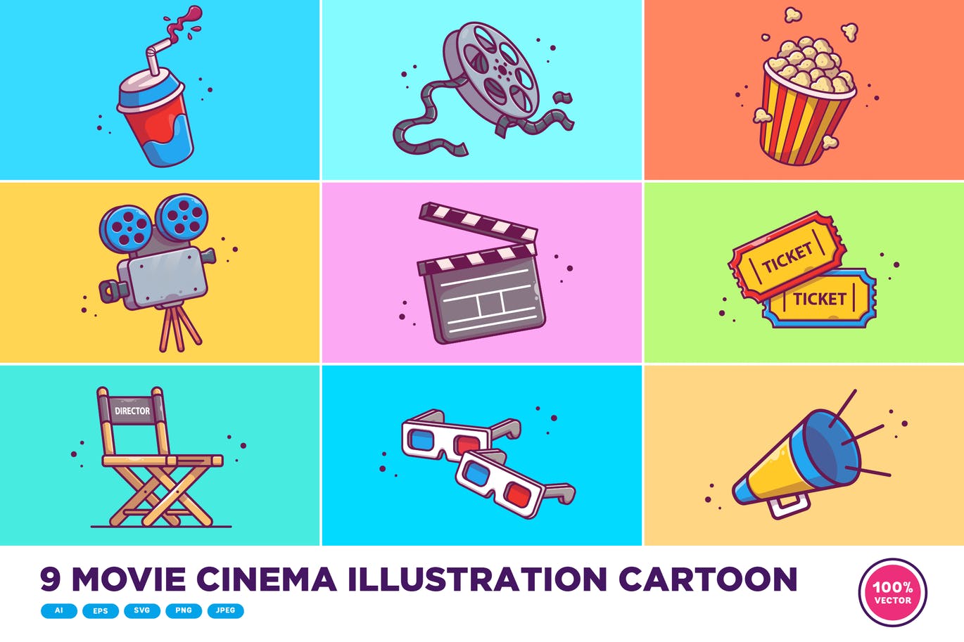 9个设计精致卡通电影主题矢量插画集合