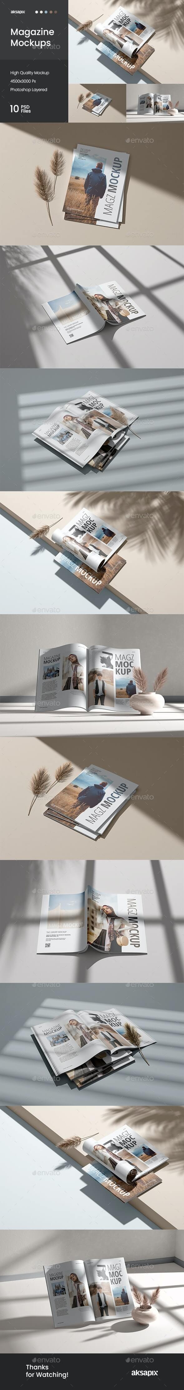 10个带真光影阴影杂志效果PSD样机模型