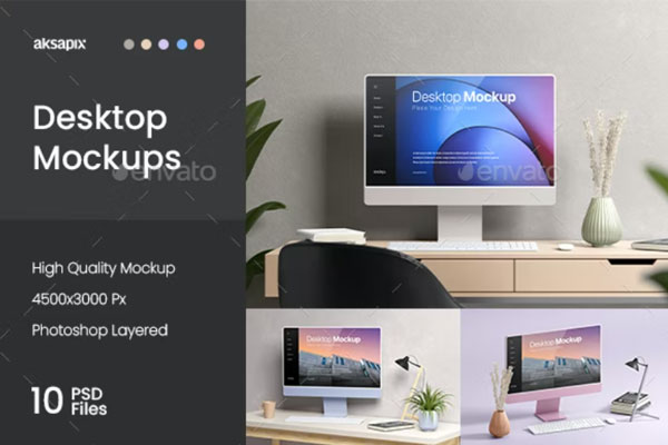 10个办公桌工作场景iMac苹果电脑PSD样机模板