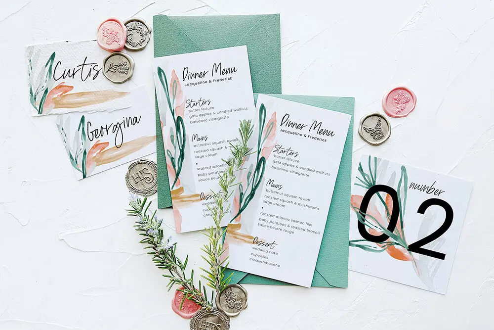 翡翠绿小清新树叶婚礼请柬PSD模板