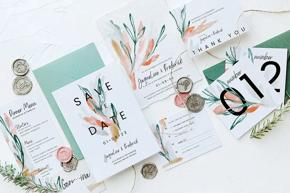 翡翠绿小清新树叶婚礼请柬PSD模板