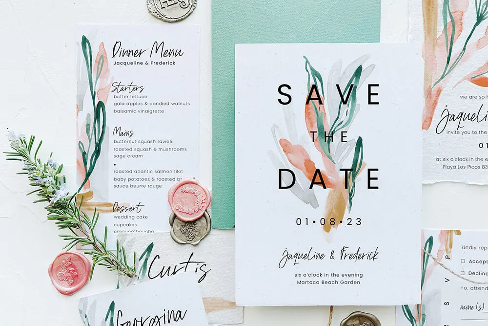 翡翠绿小清新树叶婚礼请柬PSD模板