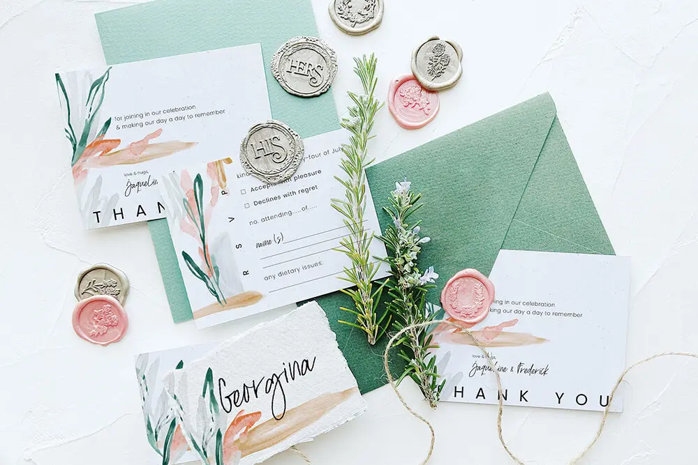 翡翠绿小清新树叶婚礼请柬PSD模板