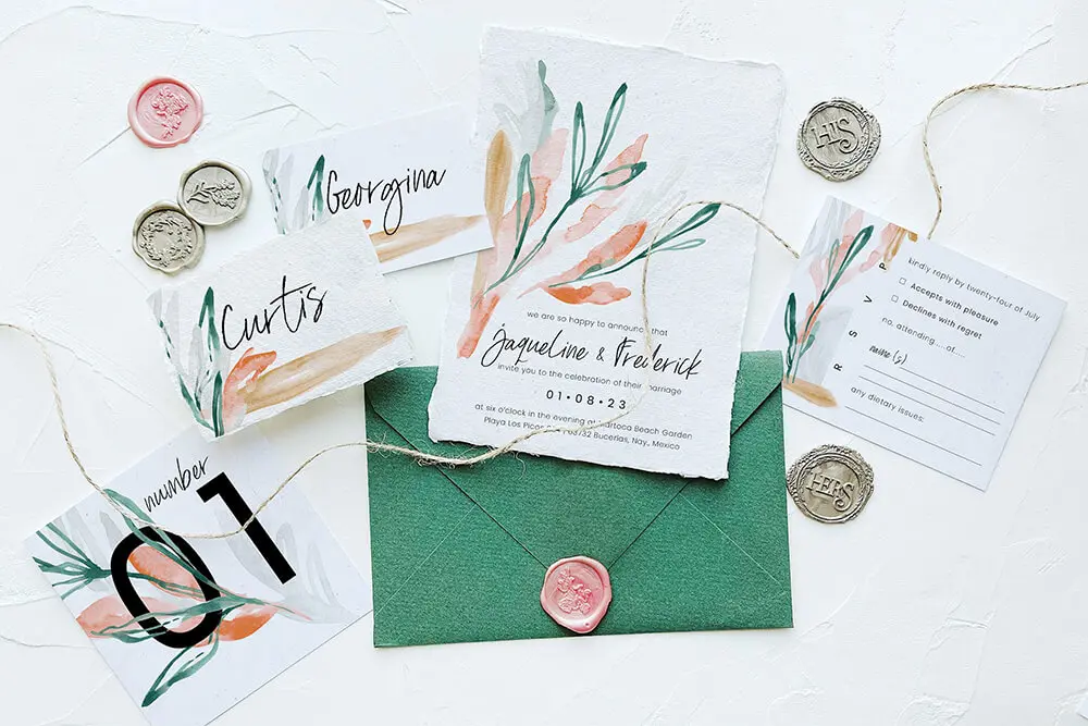 翡翠绿小清新树叶婚礼请柬PSD模板