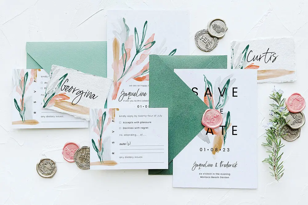 翡翠绿小清新树叶婚礼请柬PSD模板