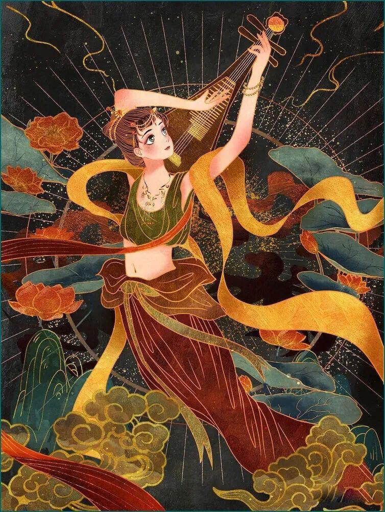 想做绝美敦煌壁画设计?这里有敦煌插画PSD源文件和岩彩质感笔刷!