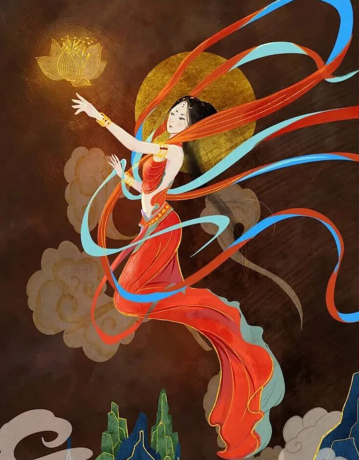 想做绝美敦煌壁画设计?这里有敦煌插画PSD源文件和岩彩质感笔刷!