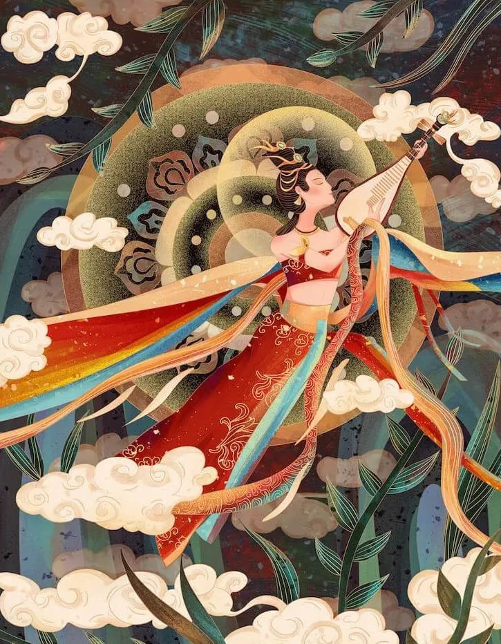 想做绝美敦煌壁画设计?这里有敦煌插画PSD源文件和岩彩质感笔刷!