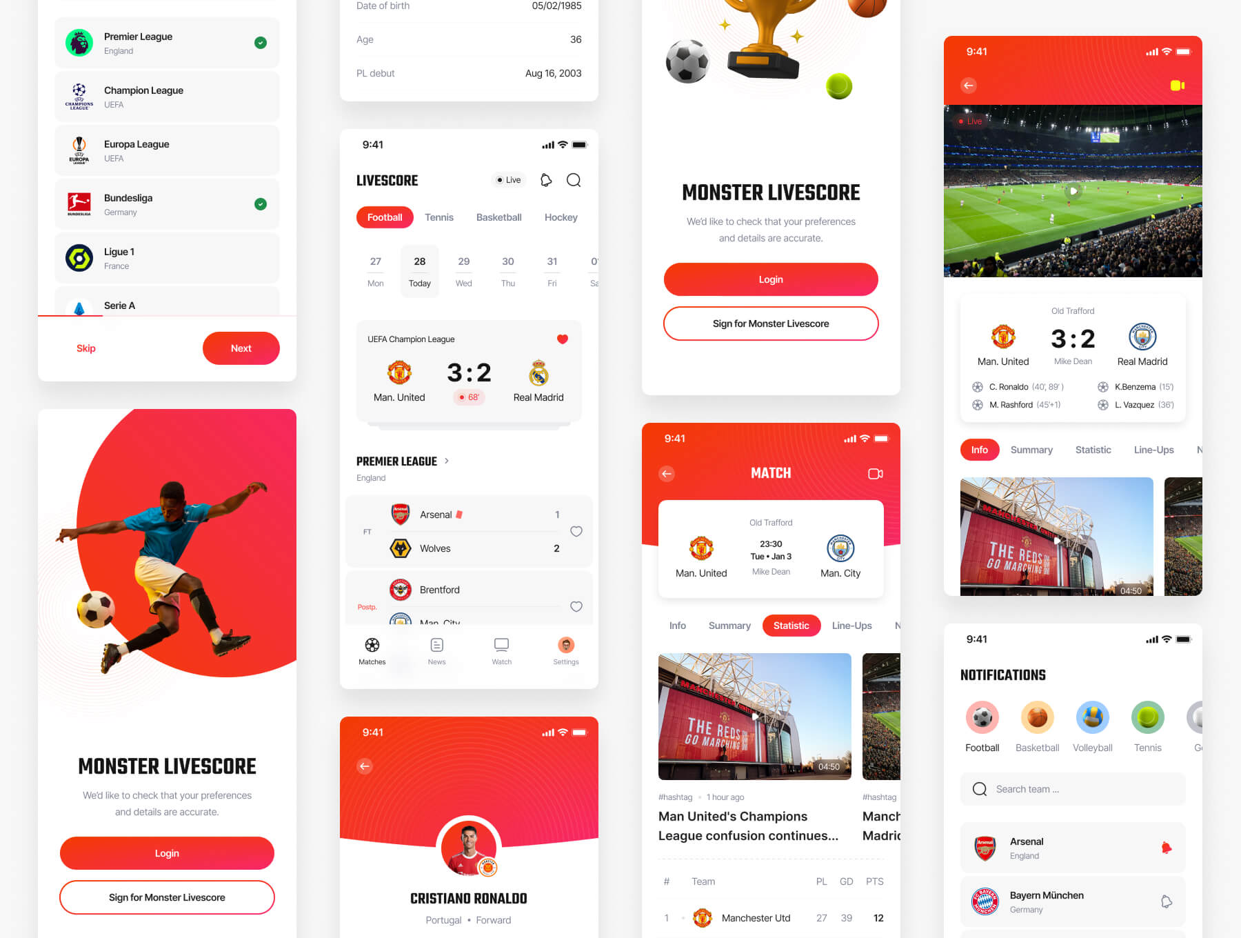 90个红色足球体育运动比分比赛APP UI界面