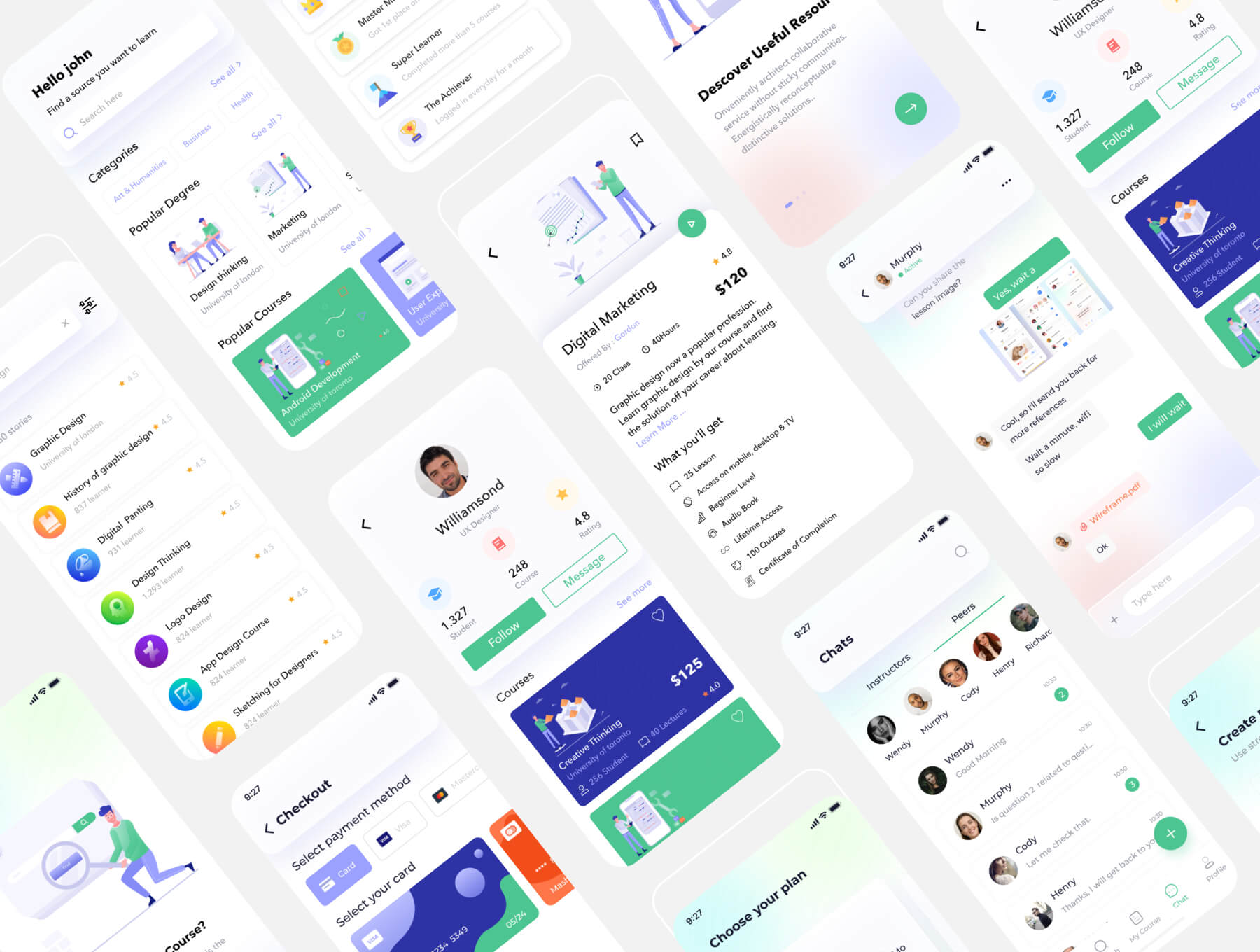 40个绿色在线教育移动APP UI界面素材
