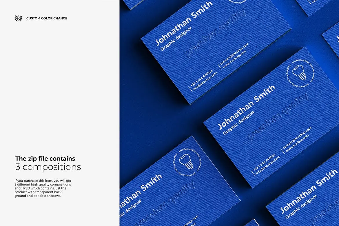 蓝色逼真带高级纹理效果的名片PSD样机素材