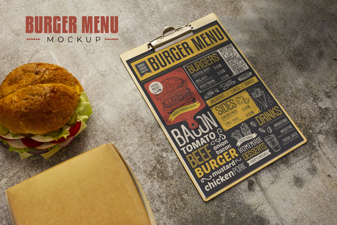 逼真的汉堡保菜单PSD样机素材