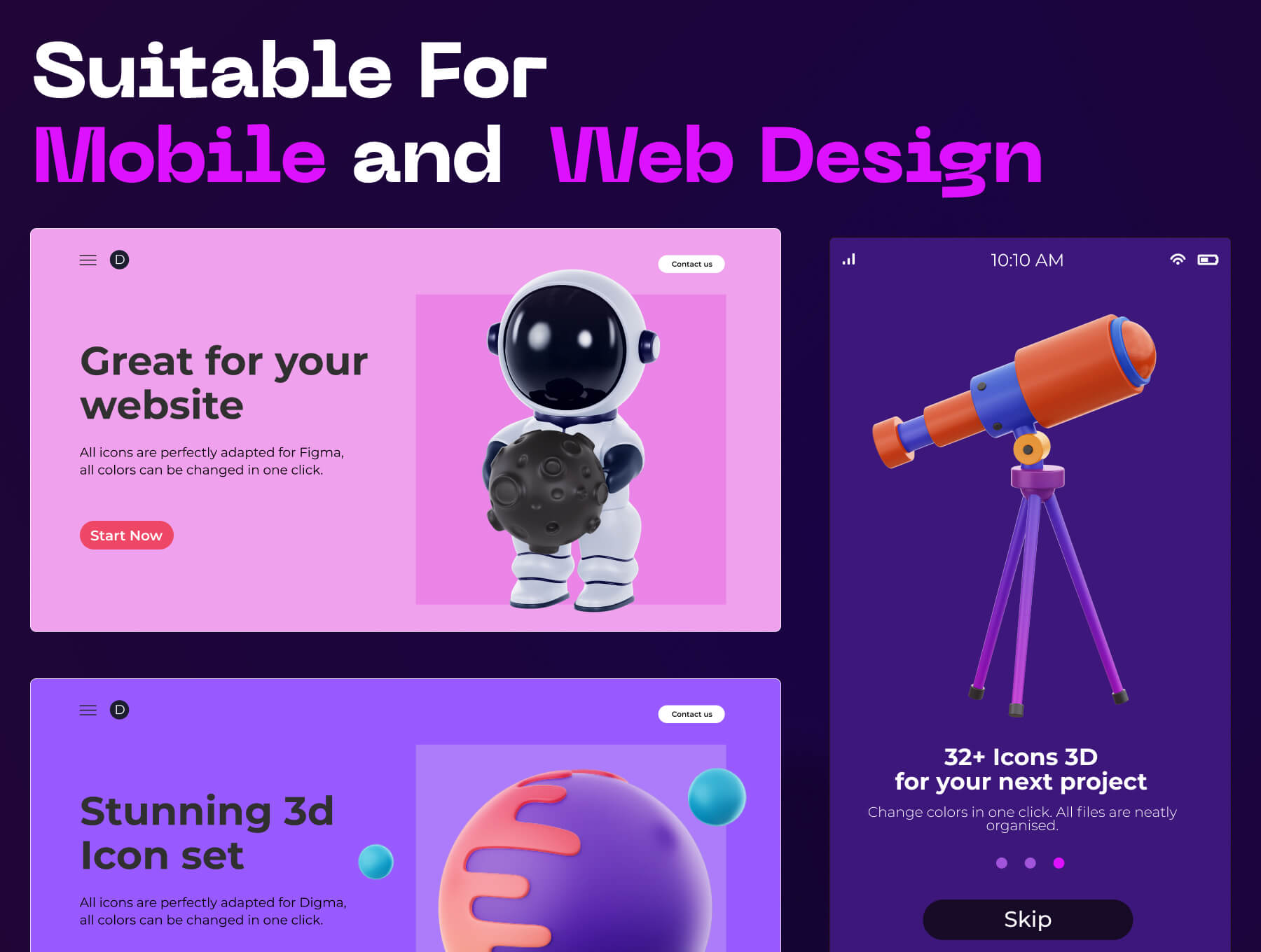 30个紫色太星宇航员主题3D图标素材