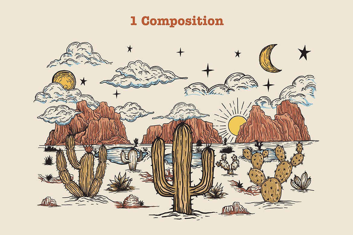 美国西部沙漠手绘风格插画素材包