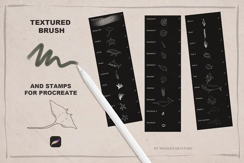 可用于Procreate和Photoshop的海洋元素图章笔刷