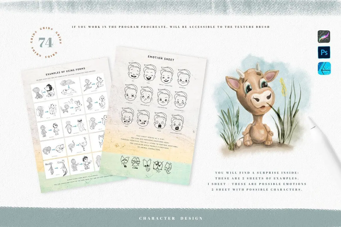 非常可爱的卡通网格动物形状Procreate和PS笔刷素材