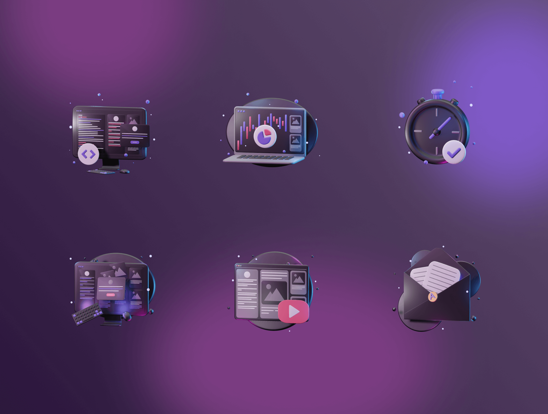 深色质感电脑网络办公应用类3D插画模型