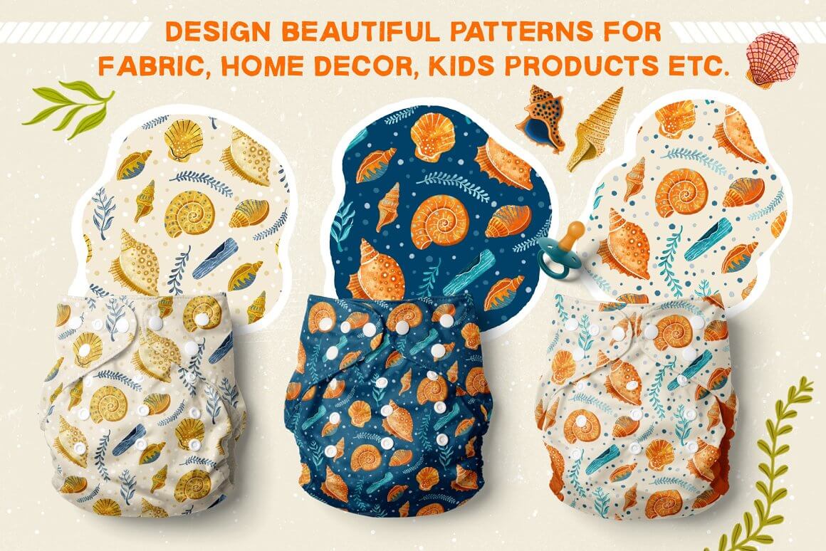 贝壳和海洋元素主题Procreate图案笔刷素材