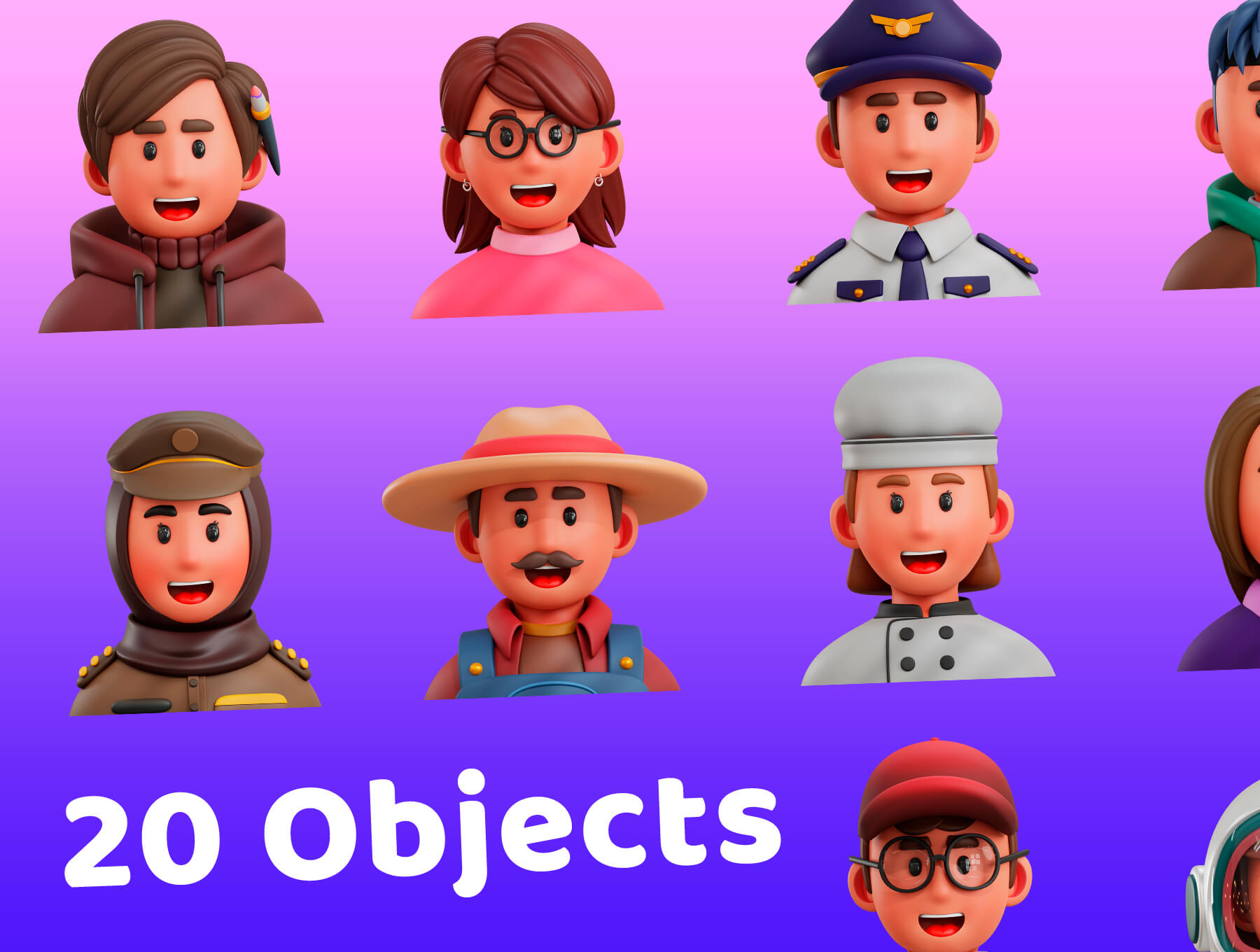 20个不同职业3D人物Blender模型