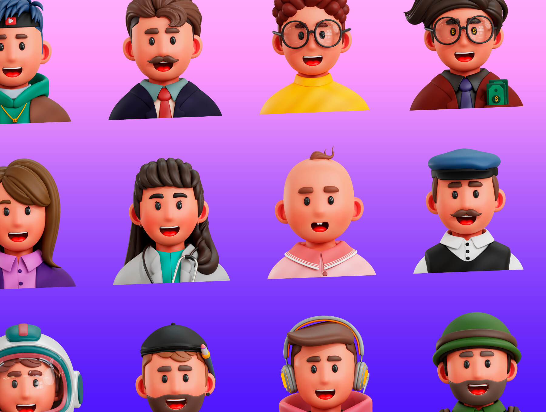 20个不同职业3D人物Blender模型