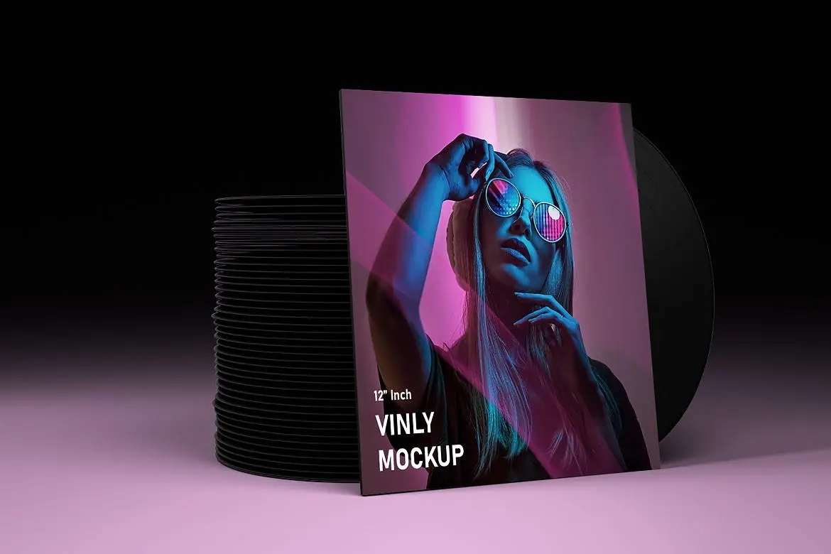 酷黑等距乙烯基音乐黑胶唱片封面设计PSD样机