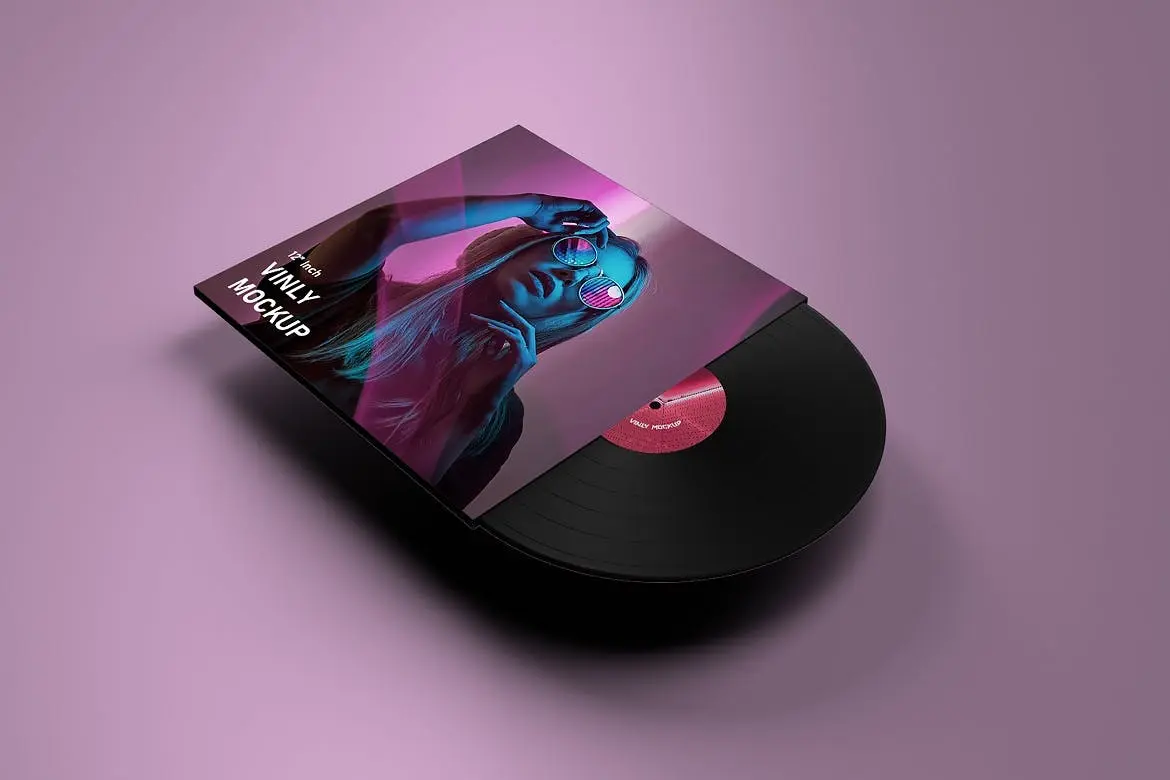 酷黑等距乙烯基音乐黑胶唱片封面设计PSD样机