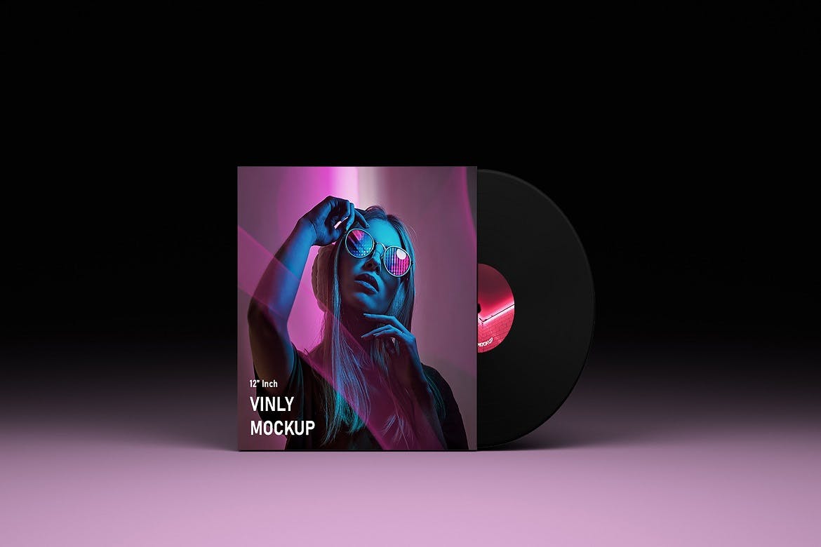 酷黑等距乙烯基音乐黑胶唱片封面设计PSD样机