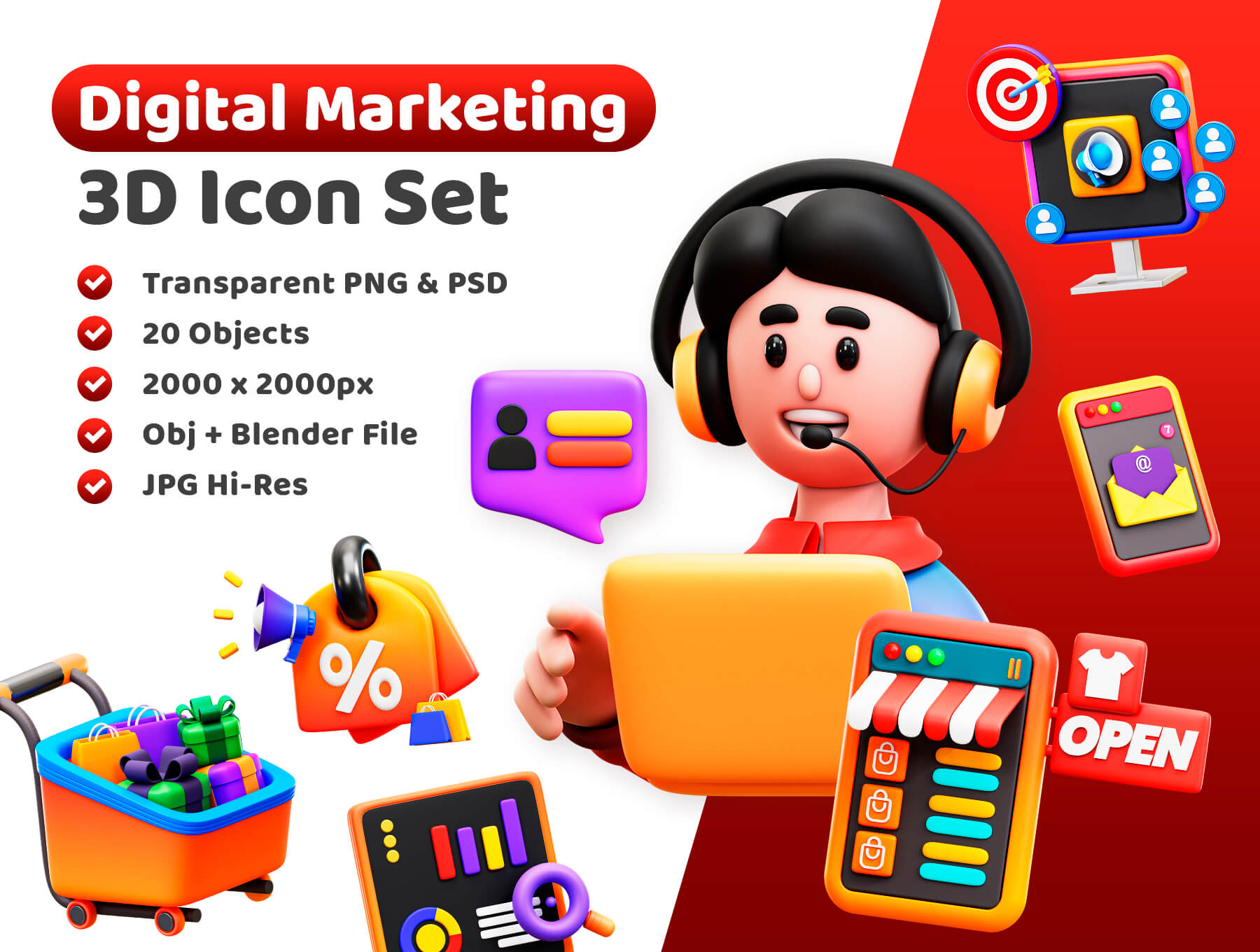 20个色彩鲜艳数字营销主题Blender 3D图标模型