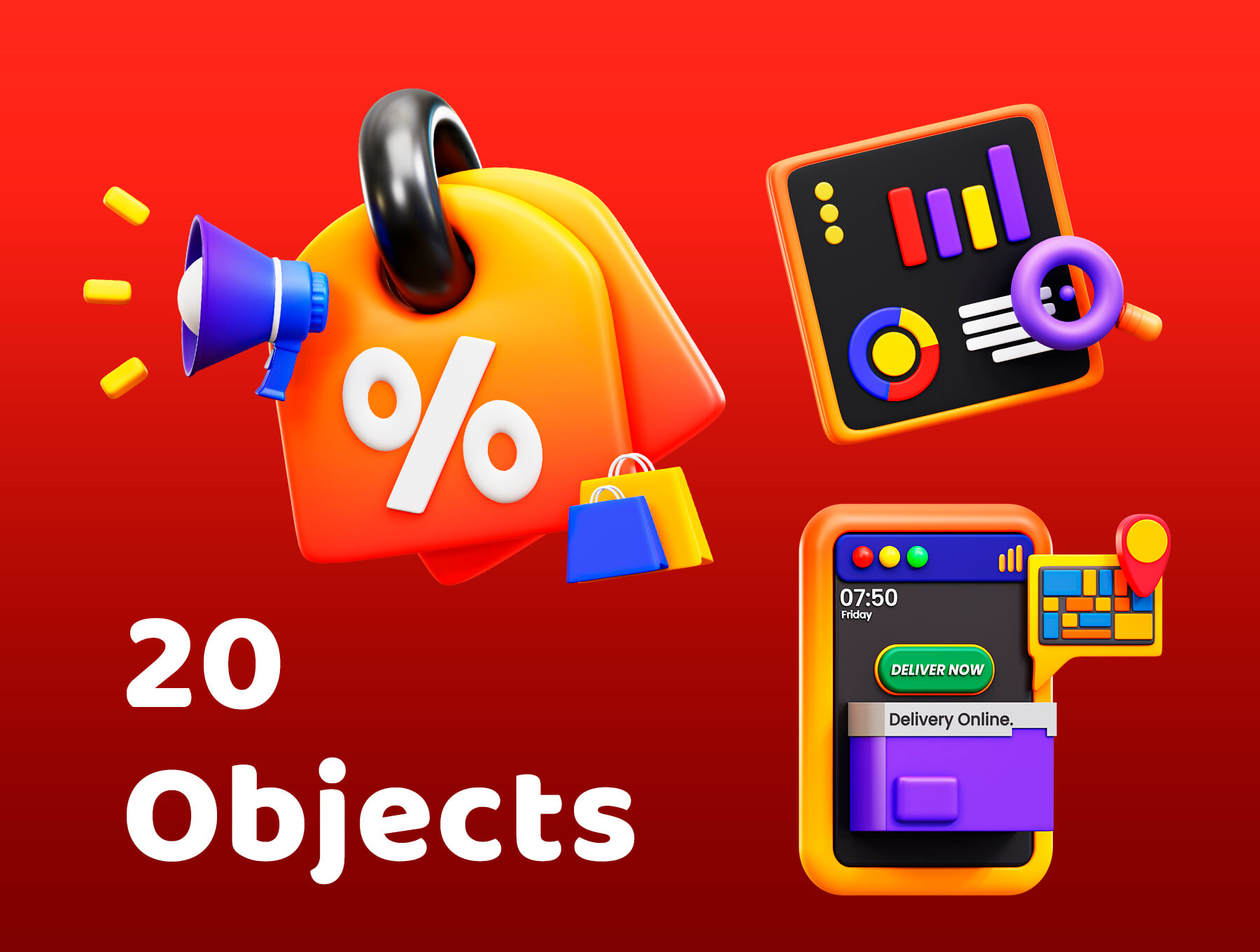 20个色彩鲜艳数字营销主题Blender 3D图标模型