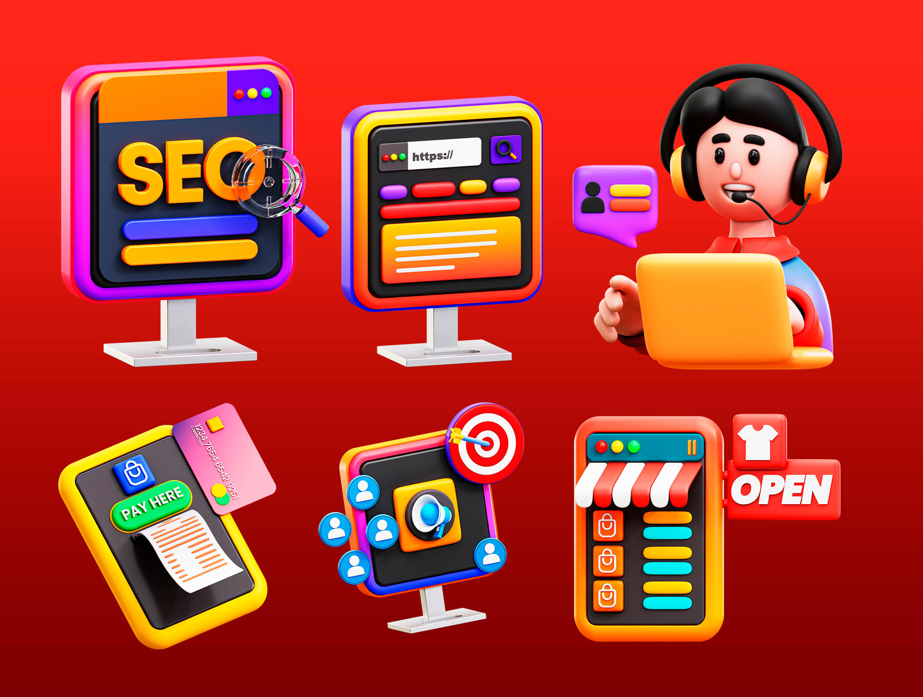 20个色彩鲜艳数字营销主题Blender 3D图标模型